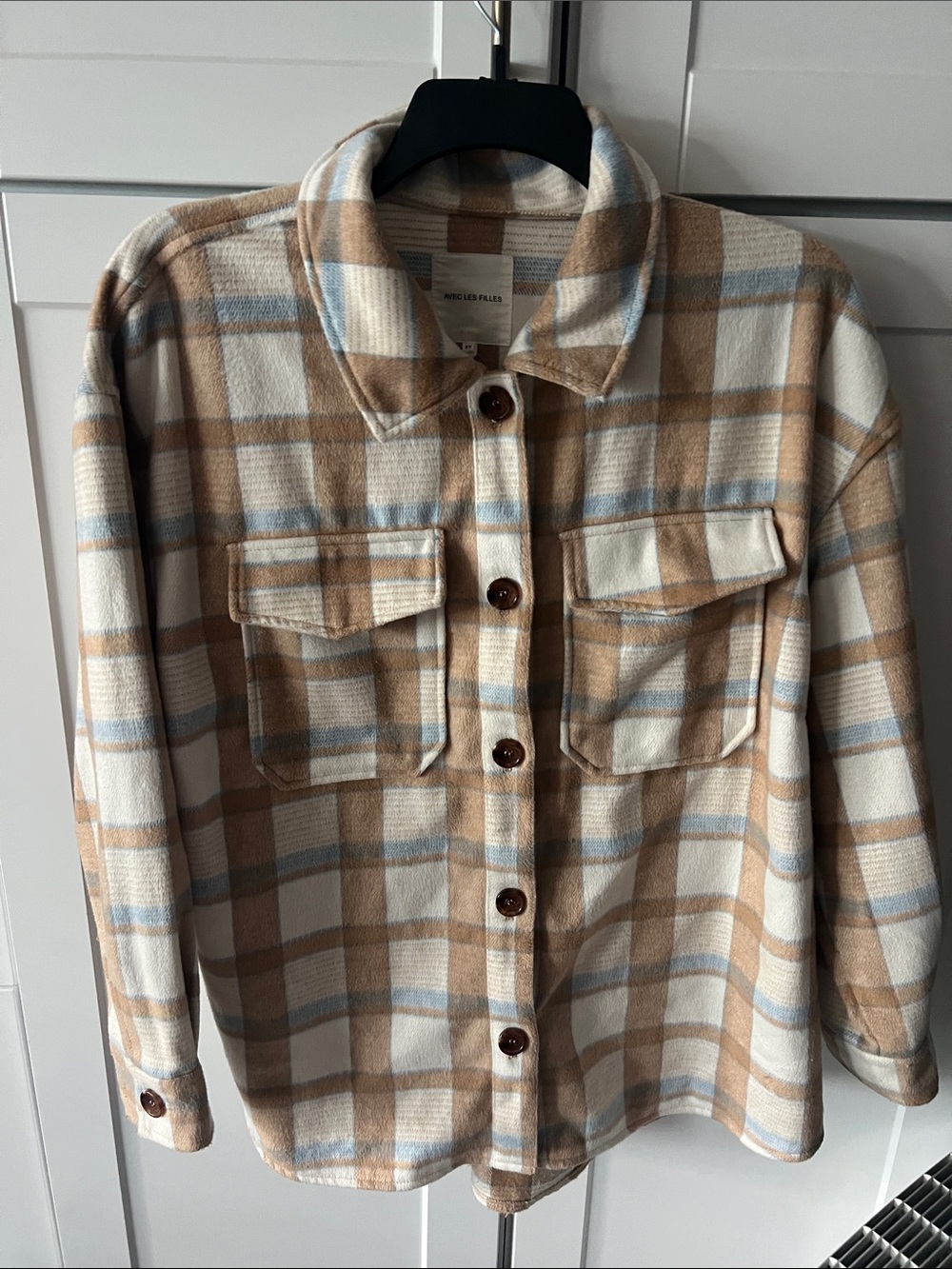 Avec Les Filles Cream Plaid Jacket with Tan and Light Blue Stripes